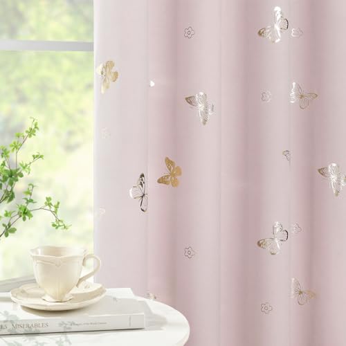 Jubilantex Pink and Gold Butterfly Blackout Curtains 84" Length for Baby Girls Nursery Bedroom and Living Room,80% Blackout Window Treatment,Grommet Top,2 Panels,Lavender Pink - Image 2