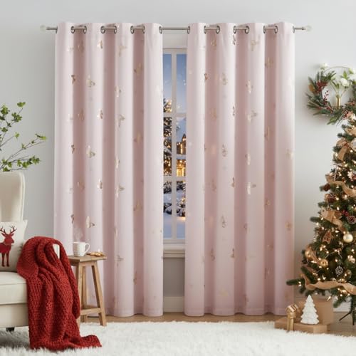 Jubilantex Pink and Gold Butterfly Blackout Curtains 84" Length for Baby Girls Nursery Bedroom and Living Room,80% Blackout Window Treatment,Grommet Top,2 Panels,Lavender Pink - Image 1