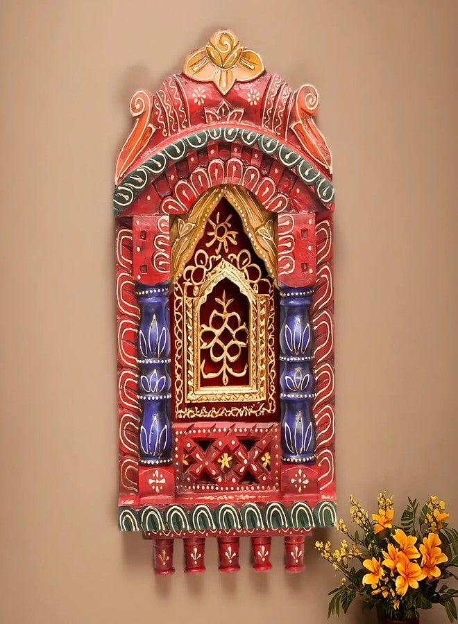 Medieval Arts Mina Solid Wood Hand Painted Wall Hanging Jharokha Frame (Red, 16 inches< Rectangular, Unframed) - Image 1