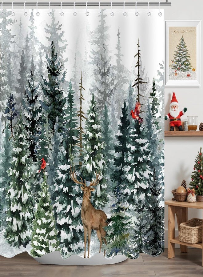 Mocsicka Winter Snowy Forest Shower Curtain Green Christmas Pine Tree Snowflake Xmas Holiday Bathroom Decor Shower Curtain Cardinal Birds Deer Outdoor Snow Scenery Fabric Bath Curtain (Green, 72''x 72'') - Image 1