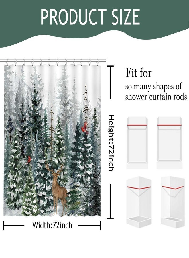 Mocsicka Winter Snowy Forest Shower Curtain Green Christmas Pine Tree Snowflake Xmas Holiday Bathroom Decor Shower Curtain Cardinal Birds Deer Outdoor Snow Scenery Fabric Bath Curtain (Green, 72''x 72'') - Image 2