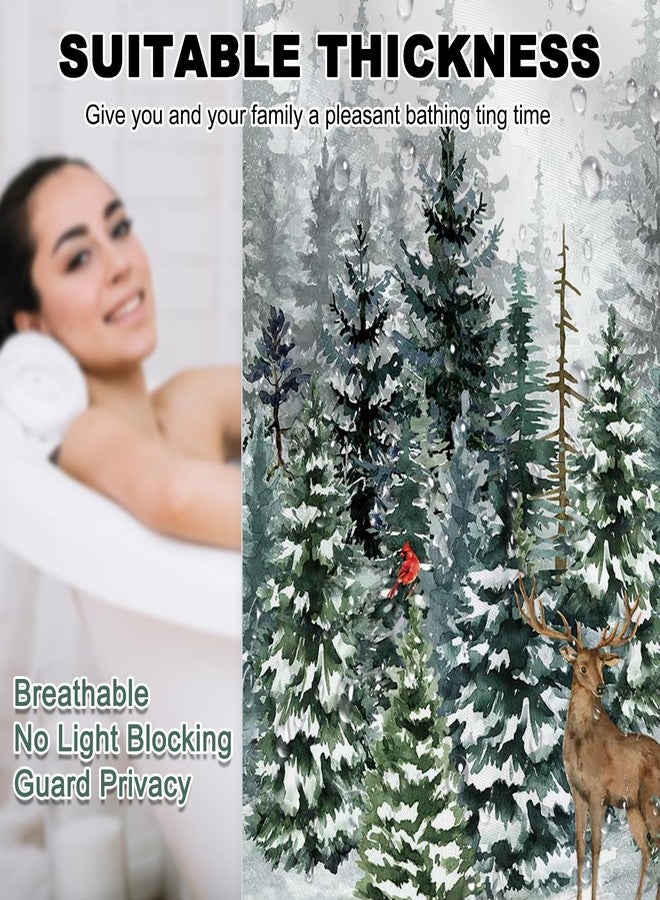 Mocsicka Winter Snowy Forest Shower Curtain Green Christmas Pine Tree Snowflake Xmas Holiday Bathroom Decor Shower Curtain Cardinal Birds Deer Outdoor Snow Scenery Fabric Bath Curtain (Green, 72''x 72'') - Image 4