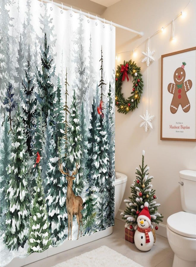 Mocsicka Winter Snowy Forest Shower Curtain Green Christmas Pine Tree Snowflake Xmas Holiday Bathroom Decor Shower Curtain Cardinal Birds Deer Outdoor Snow Scenery Fabric Bath Curtain (Green, 72''x 72'') - Image 5