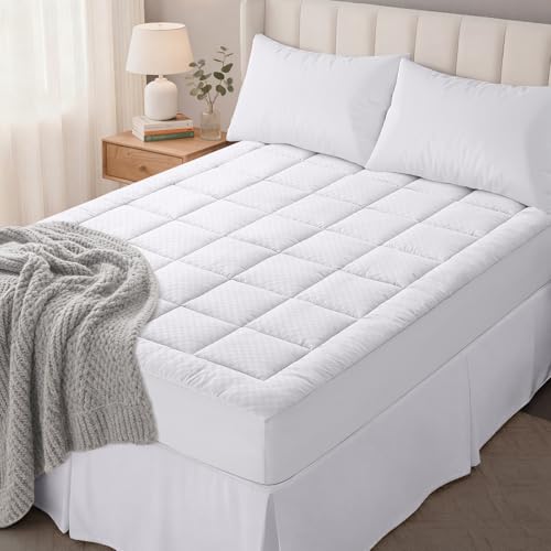 OLANLY Full Quilted Fitted Mattress Pad – Soft Pillow Top Mattress Topper, Down Alternative Fill, Cooling Comfort Breathable Mattress Cover, Machine Washable Deep Pocket Mattress Protector, White - Image 1
