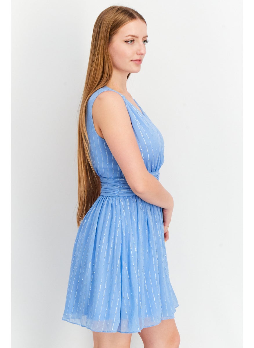 Aqua - Women Textured Sleeveless Mini Dress, Blue - Image 1