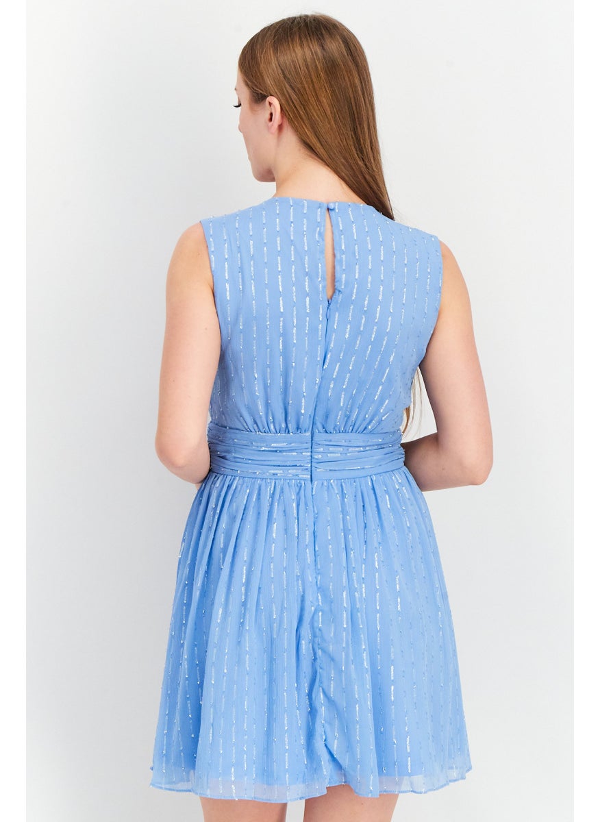 Aqua - Women Textured Sleeveless Mini Dress, Blue - Image 1