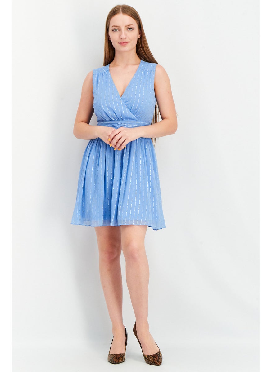 Aqua - Women Textured Sleeveless Mini Dress, Blue - Image 1
