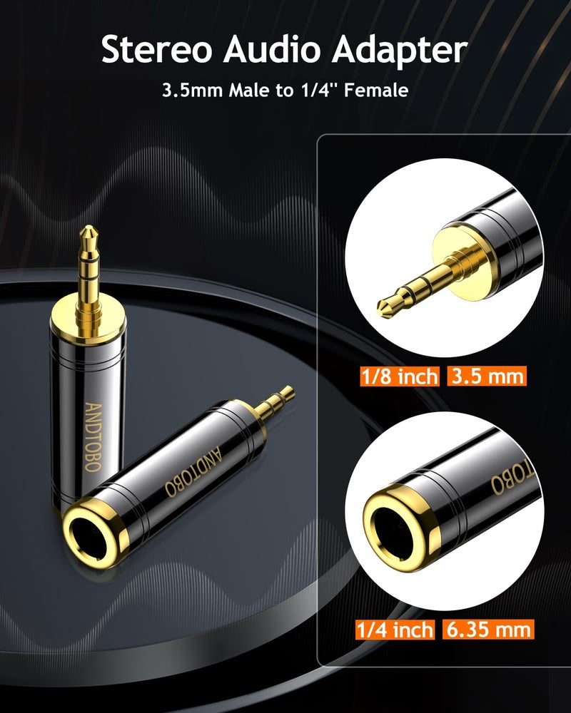 ANDTOBO 1/4'' to 3.5 mm Stereo Pure Copper Headphone Adapter, 3.5 mm(1/8'') Plug Male to 6.35 mm (1/4'') Jack Female Stereo Adapter for Headphone, Amp Adapter, Black 2-Pack - Image 2