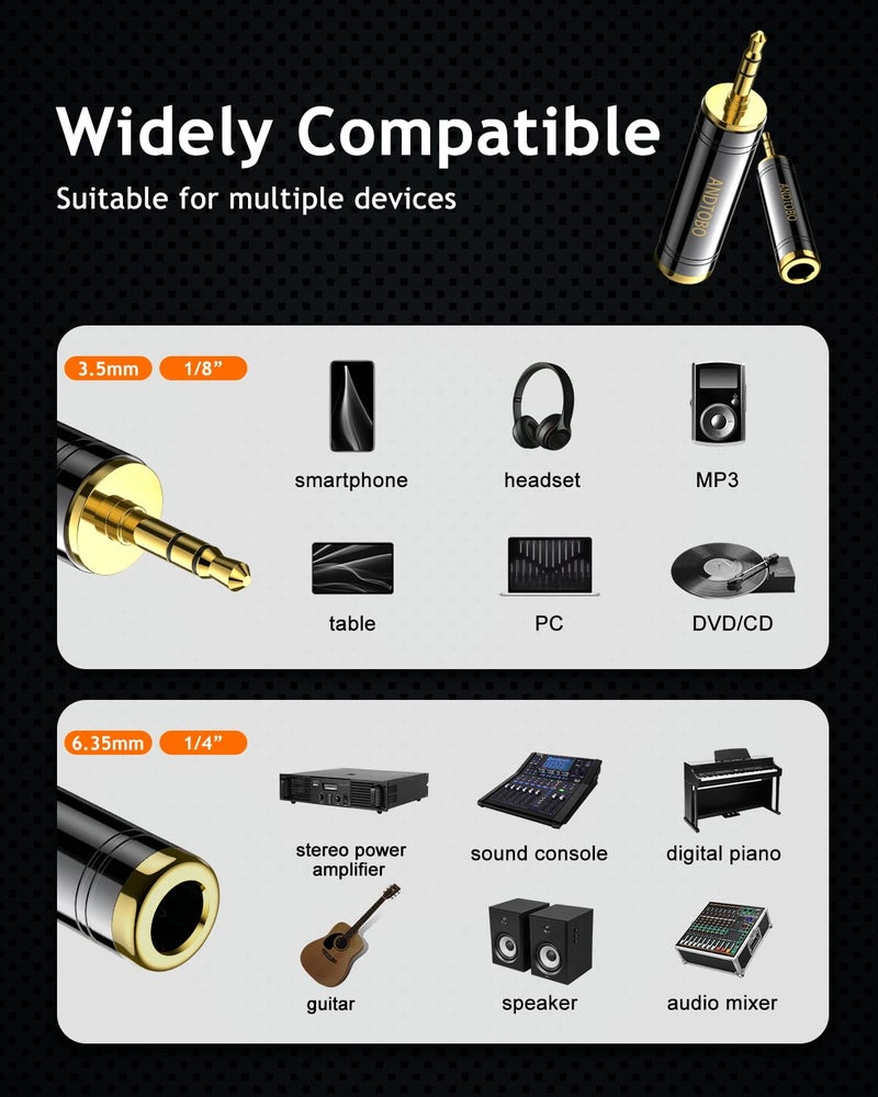 ANDTOBO 1/4'' to 3.5 mm Stereo Pure Copper Headphone Adapter, 3.5 mm(1/8'') Plug Male to 6.35 mm (1/4'') Jack Female Stereo Adapter for Headphone, Amp Adapter, Black 2-Pack - Image 5