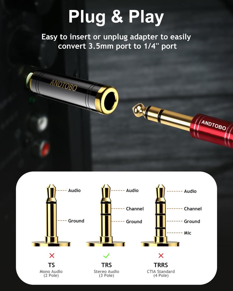 ANDTOBO 1/4'' to 3.5 mm Stereo Pure Copper Headphone Adapter, 3.5 mm(1/8'') Plug Male to 6.35 mm (1/4'') Jack Female Stereo Adapter for Headphone, Amp Adapter, Black 2-Pack - Image 4