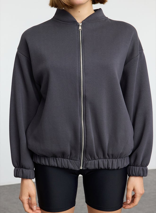 trendyol Anthracite Fleece Oversize Knitted Sweatshirt - Zippered, Thick Inside - Image 3