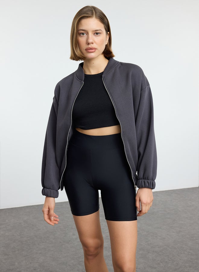 trendyol Anthracite Fleece Oversize Knitted Sweatshirt - Zippered, Thick Inside - Image 2