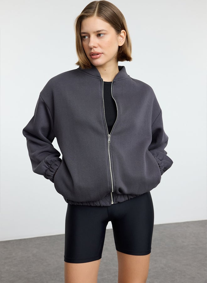 trendyol Anthracite Fleece Oversize Knitted Sweatshirt - Zippered, Thick Inside - Image 1