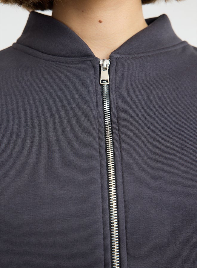 trendyol Anthracite Fleece Oversize Knitted Sweatshirt - Zippered, Thick Inside - Image 4