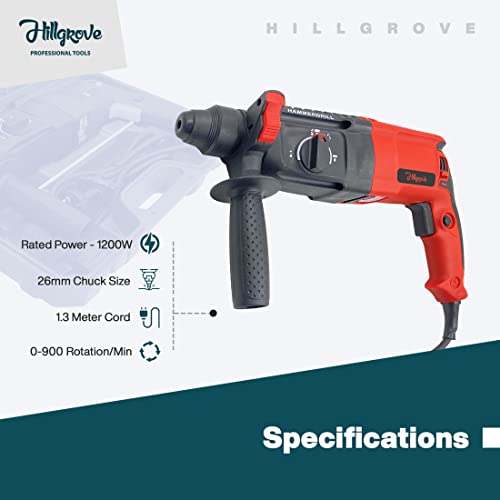 Hillgrove HGCM1041M3 All Purpose 26mm Hammer Impact Drill Machine Forward/Reverse Rotation with 5Pcs SDS Plus Bits for Making Holes in Metal/Wood/Concrete Hammer Drill (26 mm Chuck Size, 1200 W) - Image 3