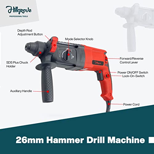 Hillgrove HGCM1041M3 All Purpose 26mm Hammer Impact Drill Machine Forward/Reverse Rotation with 5Pcs SDS Plus Bits for Making Holes in Metal/Wood/Concrete Hammer Drill (26 mm Chuck Size, 1200 W) - Image 2