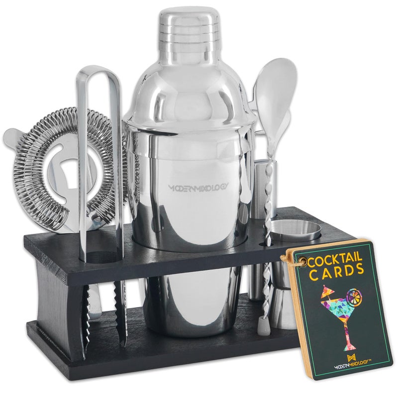 Modern Mixology Mixology Bartender Kit  8Piece Silver Cocktail Shaker Set with Black Wood Stand Recipe Cards and Bar Accessories Ideas
