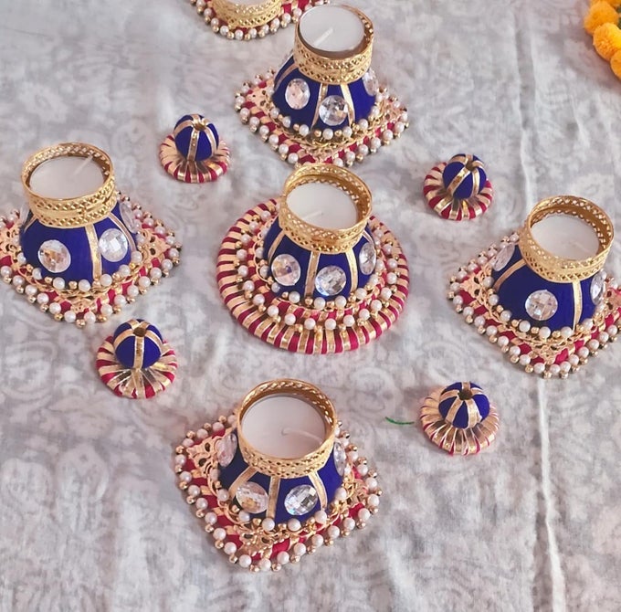 SET OF 5 RANGOLI WITH DIYA SET ARTIFICIAL DIAMOND AND PEARLS RANGOLI WITH TEALIGHT FESTIVE DECOR