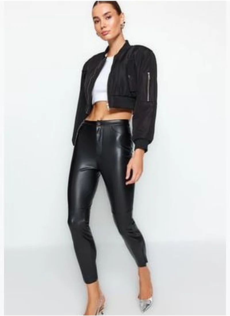 trendyol Black Raised Faux Leather High Waist Slim Fit Knitted Pants TWOAW24PL00102