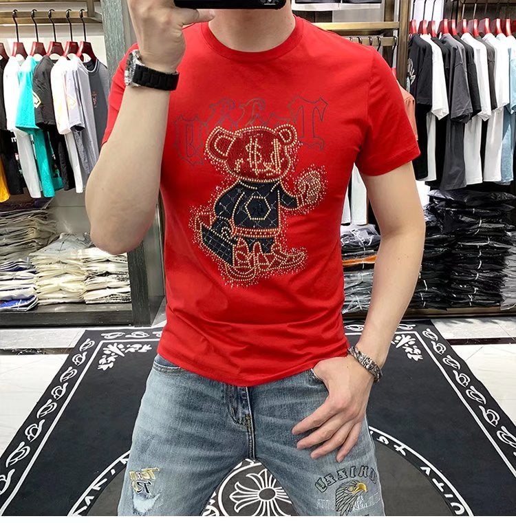 Chinese-Style Handsome Fried Street T-Shirt Men'S Trendy Drilling Summer Online Popular Short-Sleeved Summer Clothing New Slim-Fit Fashion Brand - Image 1