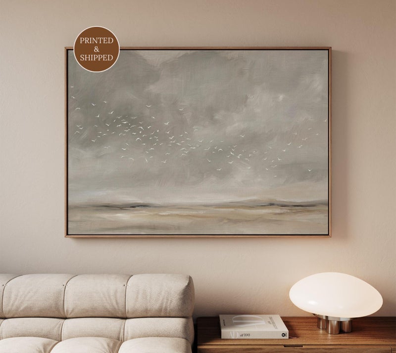 TNESSENTIAL Large Above Bed Wall Art, Framed Flock of Birds Canvas, Neutral Blue Wabi Sabi Decor for Scandinavian Style Bedroom, Zen Wall Decor - Image 1