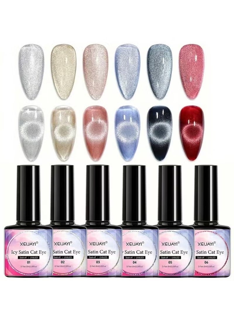 XEIJAYI 6 Pcs Holographic Glitter Cat Eye Gel Nail Polish Kit, with Magnet, Rainbow Pastel Color Magnetic Nail Polish Gel, for Women Girls, Soak Off UV Polish Kit, Silver, Red, Black, Blue, Nude - Image 1