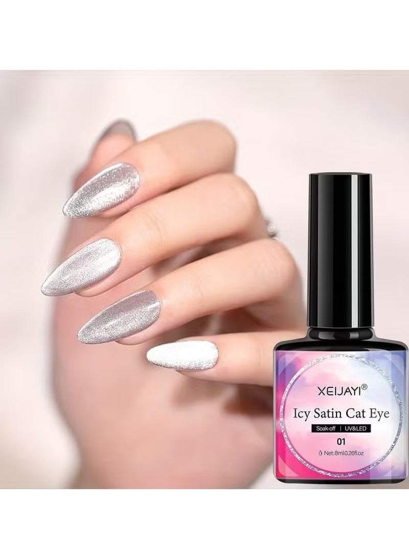 XEIJAYI 6 Pcs Holographic Glitter Cat Eye Gel Nail Polish Kit, with Magnet, Rainbow Pastel Color Magnetic Nail Polish Gel, for Women Girls, Soak Off UV Polish Kit, Silver, Red, Black, Blue, Nude - Image 2