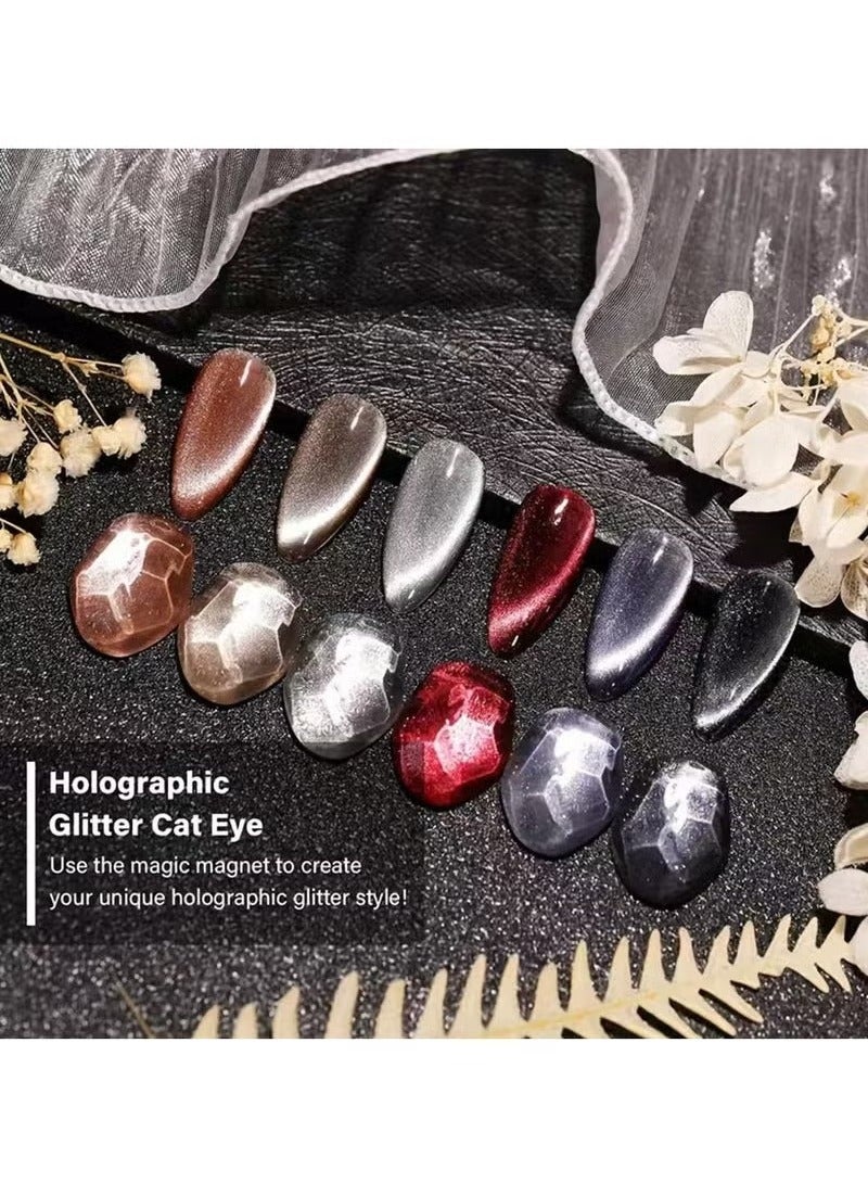 XEIJAYI 6 Pcs Holographic Glitter Cat Eye Gel Nail Polish Kit, with Magnet, Rainbow Pastel Color Magnetic Nail Polish Gel, for Women Girls, Soak Off UV Polish Kit, Silver, Red, Black, Blue, Nude - Image 3