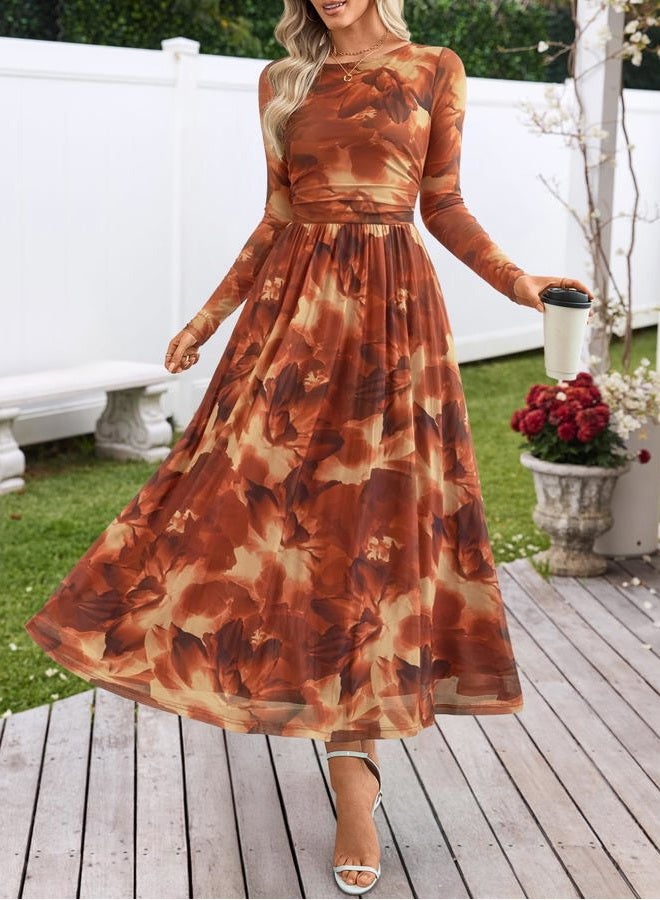 MEROKEETY Women's Long Sleeve Fall Wedding Guest Dress 2025 Crewneck Floral Flowy Mesh Cocktail Maxi Dresses, Brown Floral, L - Image 3