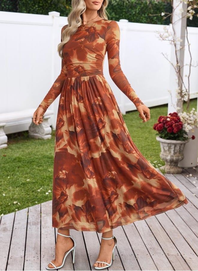 MEROKEETY Women's Long Sleeve Fall Wedding Guest Dress 2025 Crewneck Floral Flowy Mesh Cocktail Maxi Dresses, Brown Floral, L - Image 5