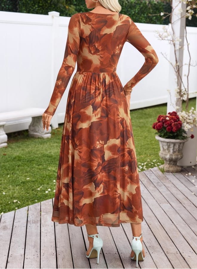 MEROKEETY Women's Long Sleeve Fall Wedding Guest Dress 2025 Crewneck Floral Flowy Mesh Cocktail Maxi Dresses, Brown Floral, L - Image 4