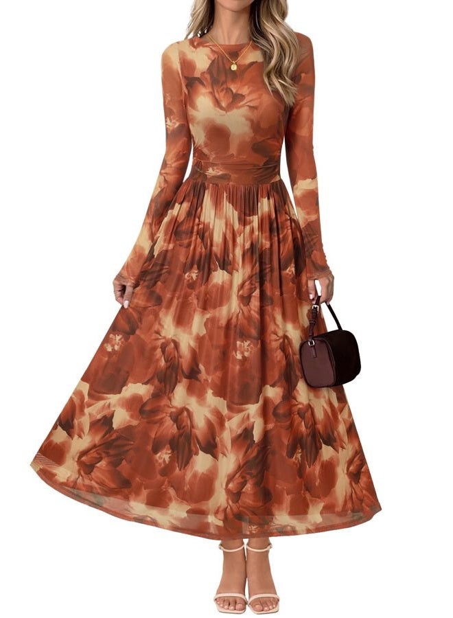 MEROKEETY Women's Long Sleeve Fall Wedding Guest Dress 2025 Crewneck Floral Flowy Mesh Cocktail Maxi Dresses, Brown Floral, L - Image 1