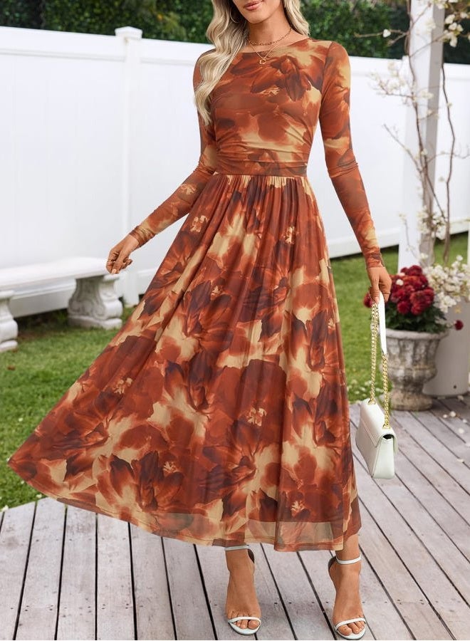 MEROKEETY Women's Long Sleeve Fall Wedding Guest Dress 2025 Crewneck Floral Flowy Mesh Cocktail Maxi Dresses, Brown Floral, L - Image 2