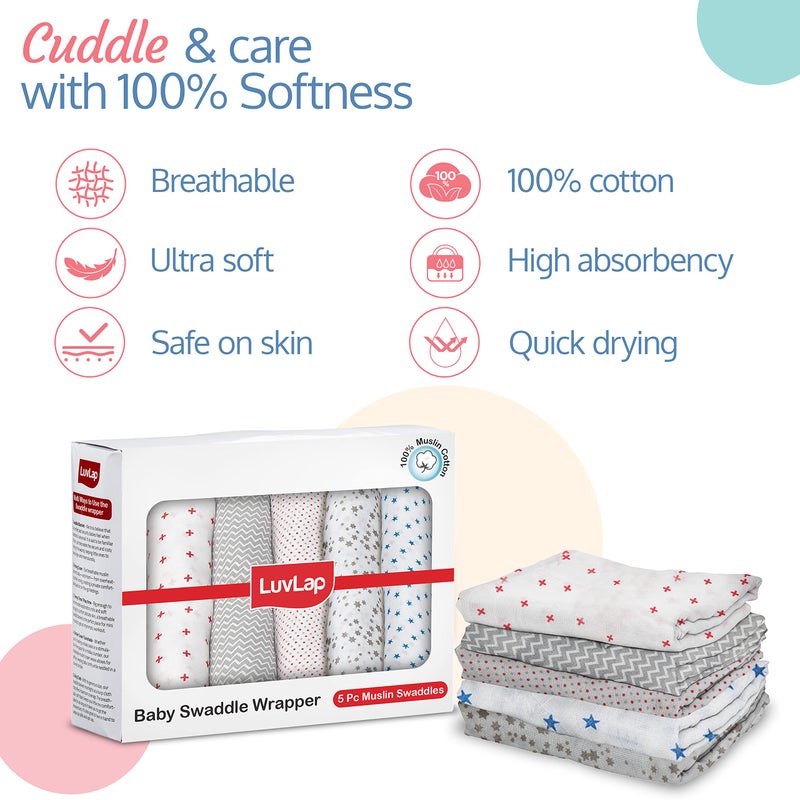 LuvLap 100% Cotton Muslin Baby Swaddle Set, Baby Towel, Size-120cm x 100cm (47"x39"), Dots Stars Zigzag Print, 0-18 Month+, Printed Mulmal Muslin Swaddle Wrap for New Born, Pack of 5 - Image 3