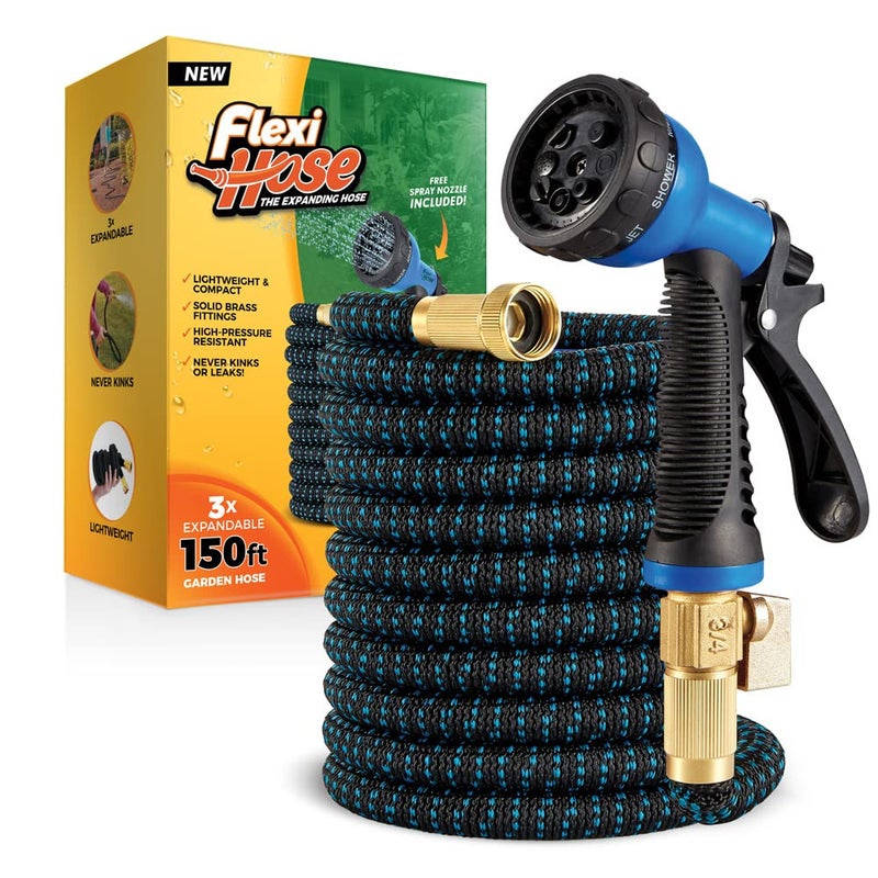 Flexi Hose Expandable Garden Hose with 8 Function Nozzle, 150FT - Lightweight Retractable Garden Hose, Water Hose - No-Kink Flexibility, 3/4 Inch Solid Brass Fittings and Double Latex Core - Image 1