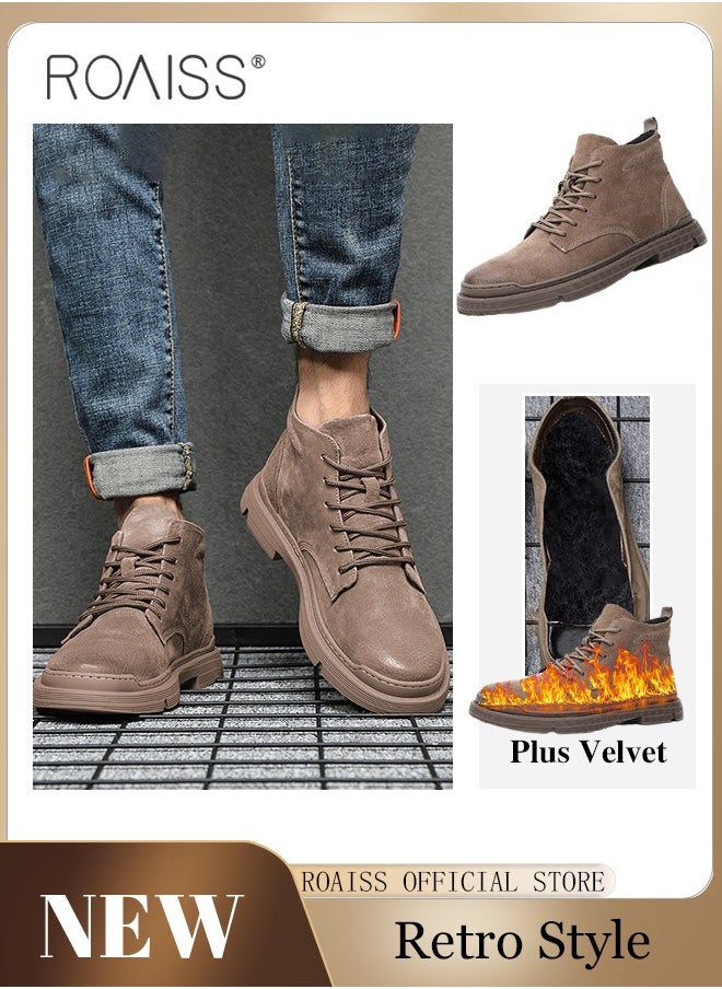 roaiss Men’s Soft Leather Ankle Casual Loafers Lace-Up Anti Slip Walking Shoes Men's Tooling Style Martin Boots Men Casual Mid Top Leather Boots  Men's Boots Ankle Lace Up Casual Boots  - Image 2