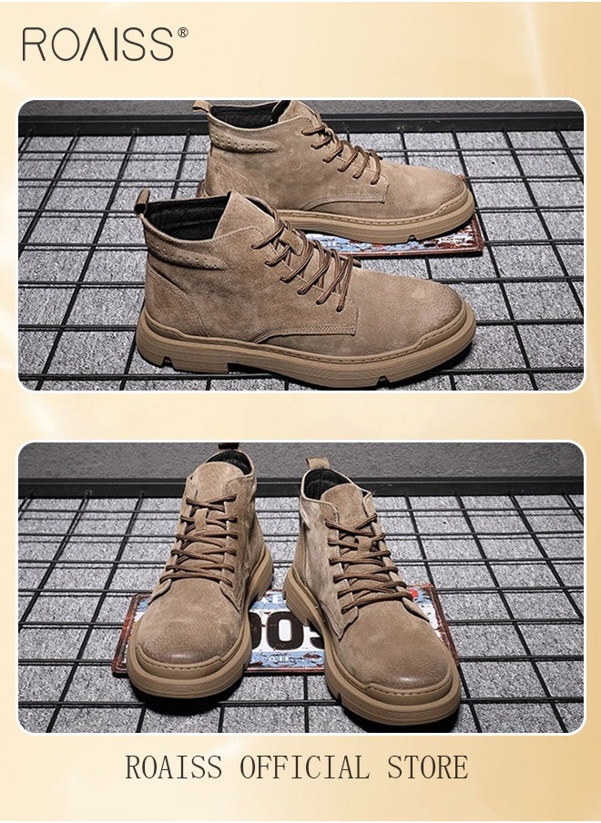 roaiss Men’s Soft Leather Ankle Casual Loafers Lace-Up Anti Slip Walking Shoes Men's Tooling Style Martin Boots Men Casual Mid Top Leather Boots  Men's Boots Ankle Lace Up Casual Boots  - Image 4