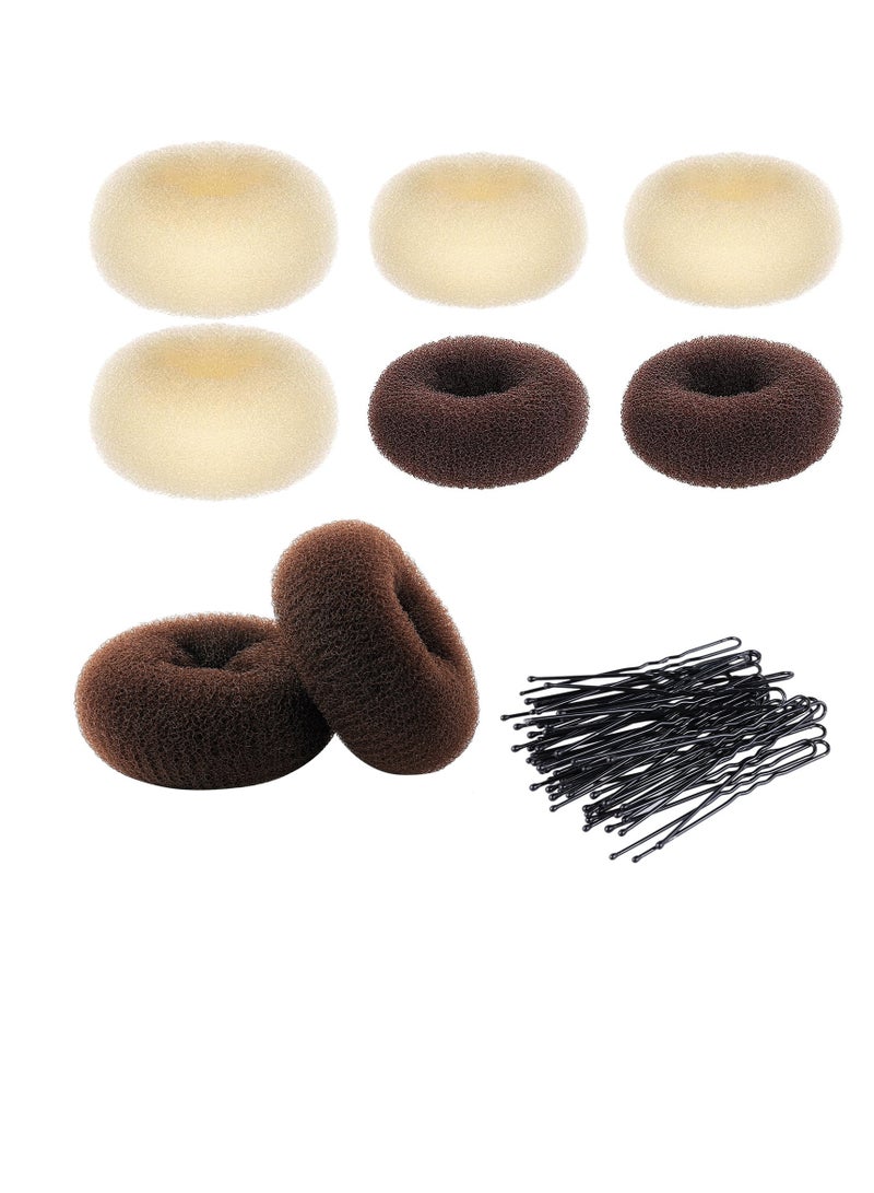Brown Beige Hair Bun Donut Sets, 8pcs Hair Donut Bun Ring with 20pcs Hair Pins - Image 1
