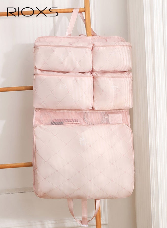 ريوكس مجموعة منظمات سفر محمولة كبيرة السعة 7 في 1، فواصل قابلة للتعليق للملابس والملابس الداخلية والجوارب ومستحضرات التجميل، حقيبة تخزين متعددة الوظائف بفتحة كبيرة مع مقصورات منفصلة، لون وردي - Image 1