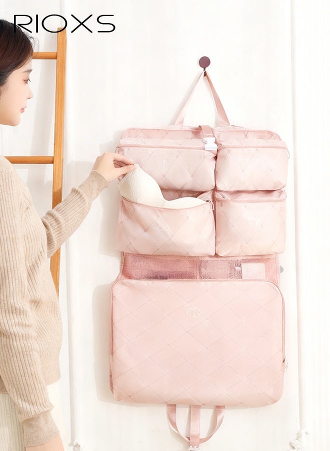 ريوكس مجموعة منظمات سفر محمولة كبيرة السعة 7 في 1، فواصل قابلة للتعليق للملابس والملابس الداخلية والجوارب ومستحضرات التجميل، حقيبة تخزين متعددة الوظائف بفتحة كبيرة مع مقصورات منفصلة، لون وردي - Image 5