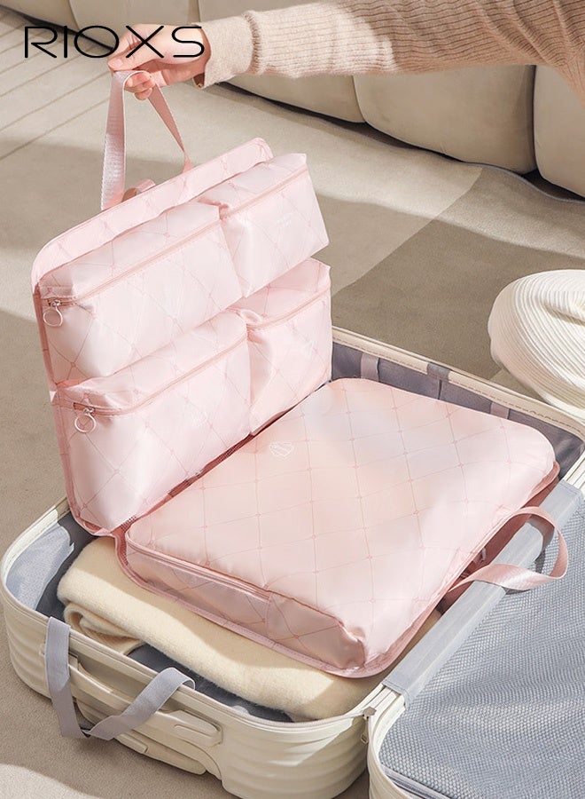 ريوكس مجموعة منظمات سفر محمولة كبيرة السعة 7 في 1، فواصل قابلة للتعليق للملابس والملابس الداخلية والجوارب ومستحضرات التجميل، حقيبة تخزين متعددة الوظائف بفتحة كبيرة مع مقصورات منفصلة، لون وردي - Image 3