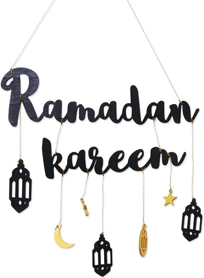 Home Care Ramadan Kareem Wooden Letter Sign - Blank, Customizable Seating Plaque with Moon & Star Pendants for Eid Celebrations 30X34 cm  - Image 1