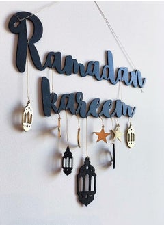 Home Care Ramadan Kareem Wooden Letter Sign - Blank, Customizable Seating Plaque with Moon & Star Pendants for Eid Celebrations 30X34 cm  - Image 3