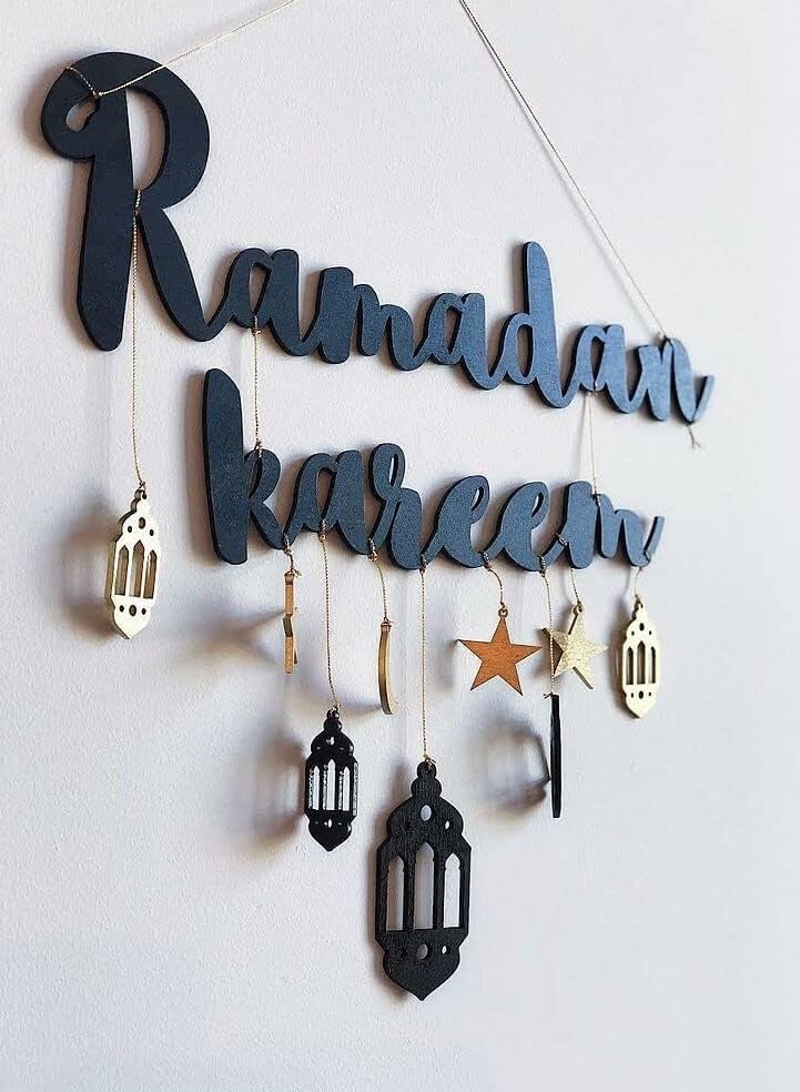 Home Care Ramadan Kareem Wooden Letter Sign - Blank, Customizable Seating Plaque with Moon & Star Pendants for Eid Celebrations 30X34 cm  - Image 3