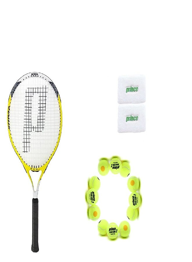 برنس مضرب تنس برينس ديوس 26 من الألومنيوم مع 12 كرة تنس برينس ستيج 2 برتقالية قياسية وسوار معصم رمادي/أبيض - Image 2