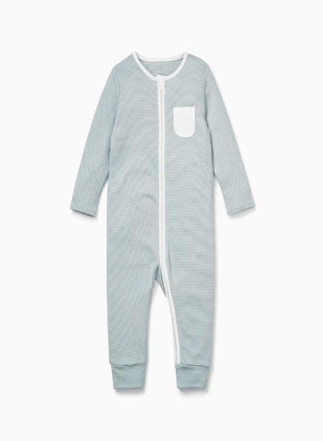 MORI Baby Boys and Girls Clever Romper in Blue Stripe - Viscose from Bamboo - Unisex Infant Two Way Zipped Long Sleeve - 12-18 Months - Image 1