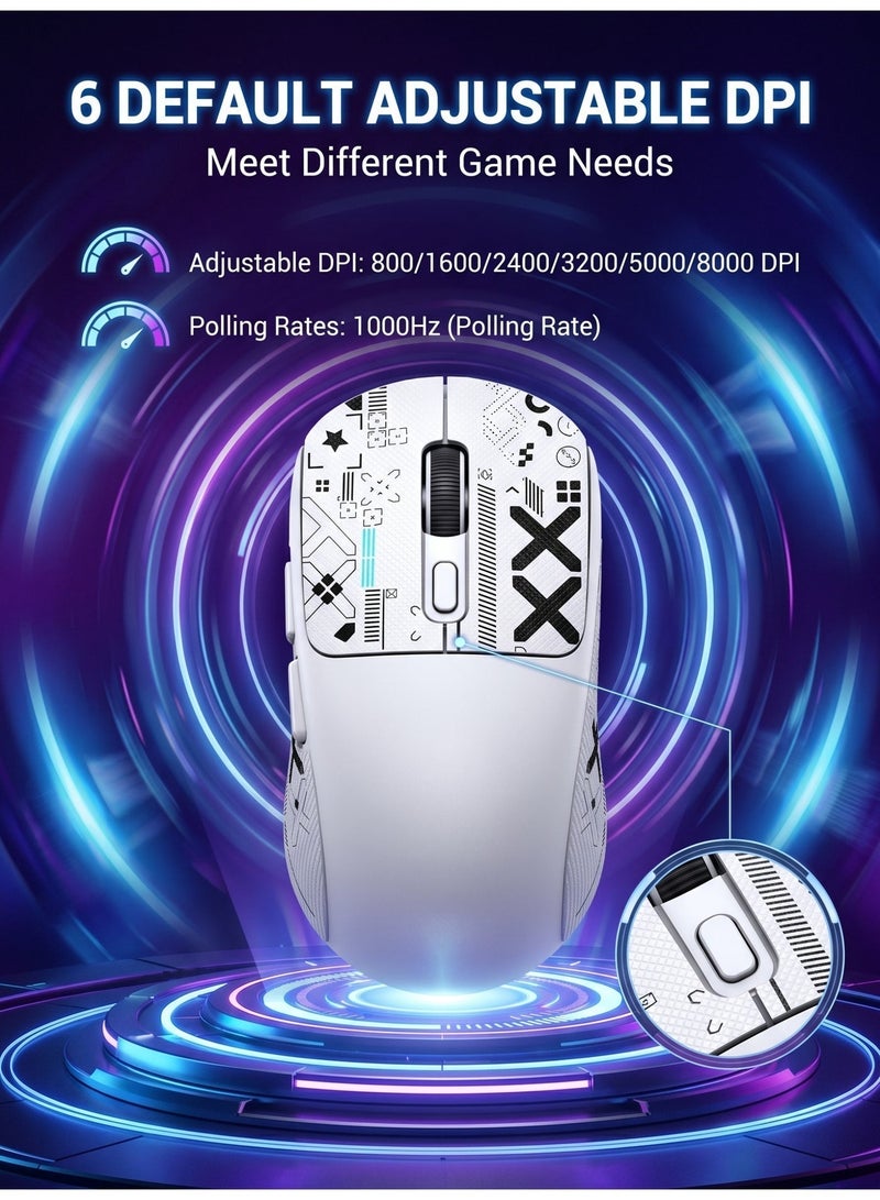 تي- وولف Superlight Mouse with Ribbon, Wireless/Wired BT/2.4G Gaming Mouse, 6 DPI Adjustable up to 8000, 65-Hour Battery (White & with Sticker) - Image 2