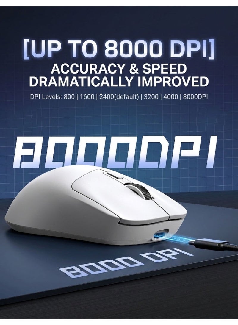 تي- وولف Superlight Mouse with Ribbon, Wireless/Wired BT/2.4G Gaming Mouse, 6 DPI Adjustable up to 8000, 65-Hour Battery (White & with Sticker) - Image 1