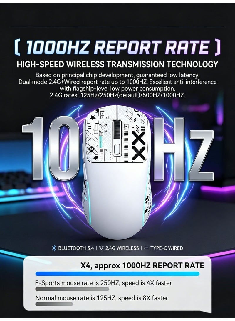 تي- وولف Superlight Mouse with Ribbon, Wireless/Wired BT/2.4G Gaming Mouse, 6 DPI Adjustable up to 8000, 65-Hour Battery (White & with Sticker) - Image 3