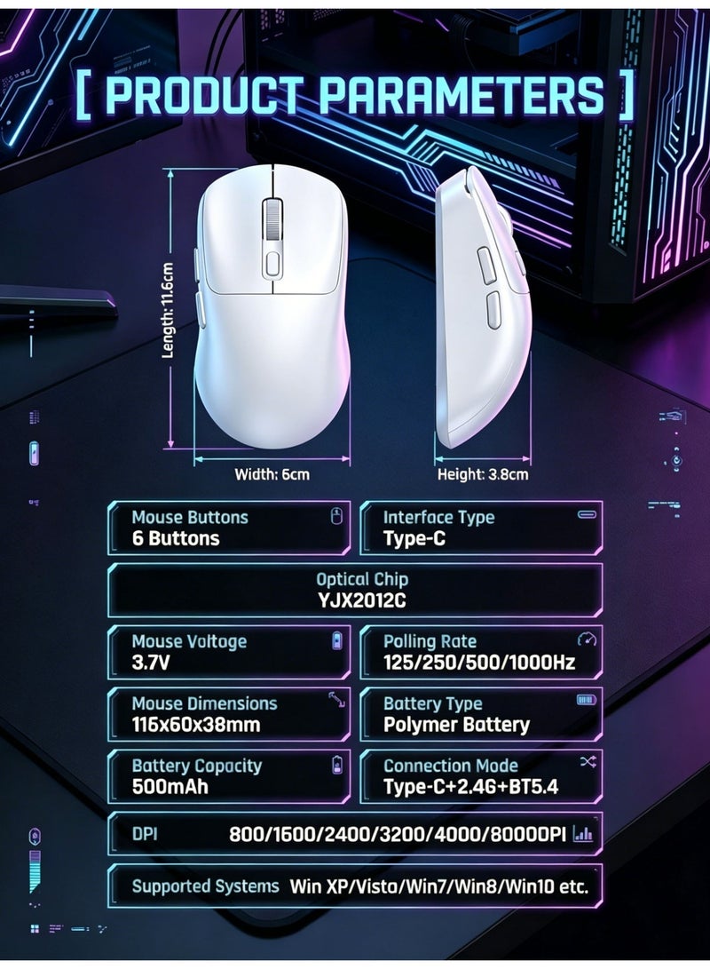 تي- وولف Superlight Mouse with Ribbon, Wireless/Wired BT/2.4G Gaming Mouse, 6 DPI Adjustable up to 8000, 65-Hour Battery (White & with Sticker) - Image 4